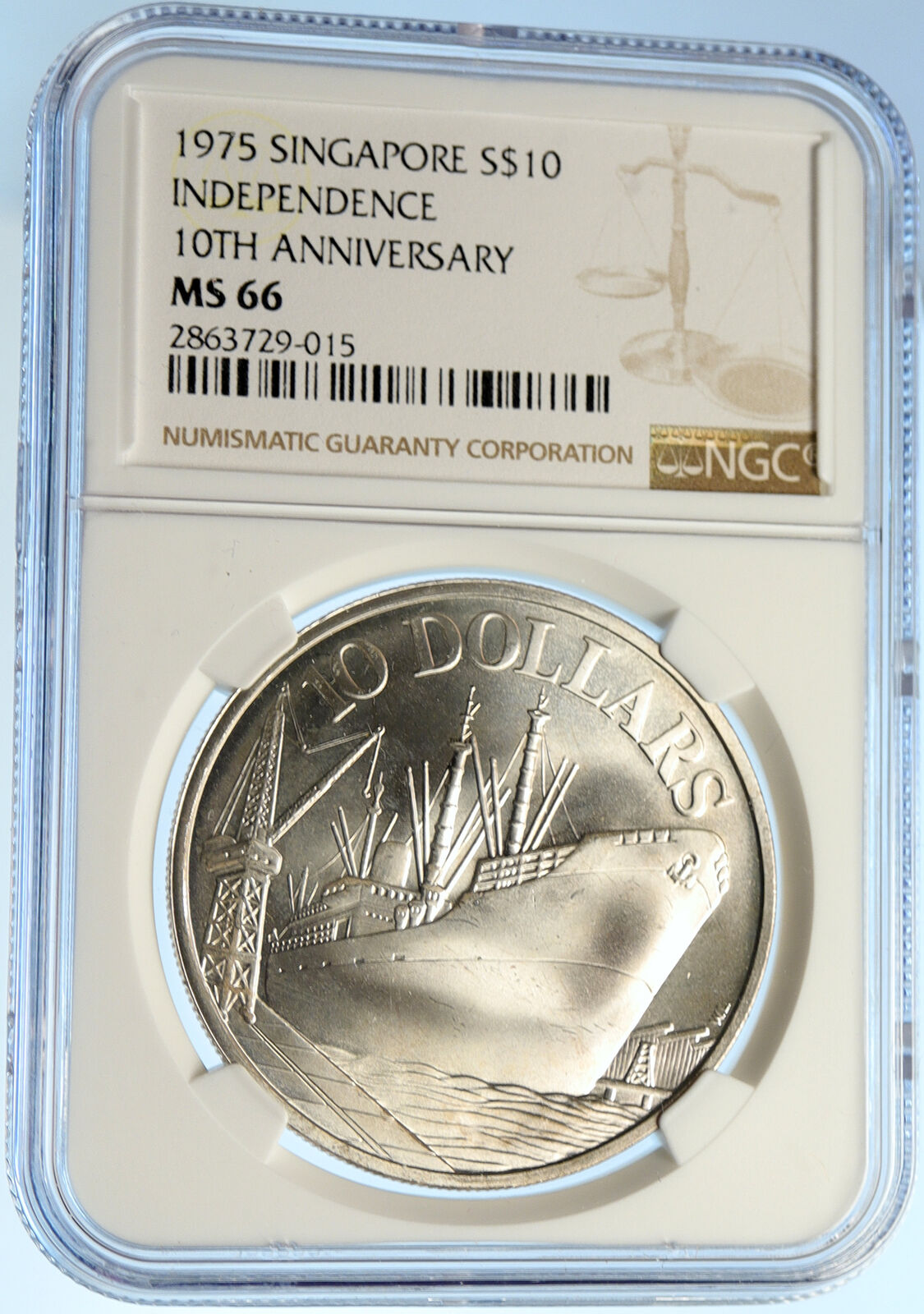 1975 SINGAPORE 10th Yr Independence CARGO SHIP Silver 10 Dollars Coin NGC i99393