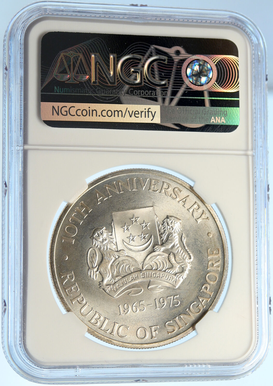 1975 SINGAPORE 10th Yr Independence CARGO SHIP Silver 10 Dollars Coin NGC i99393