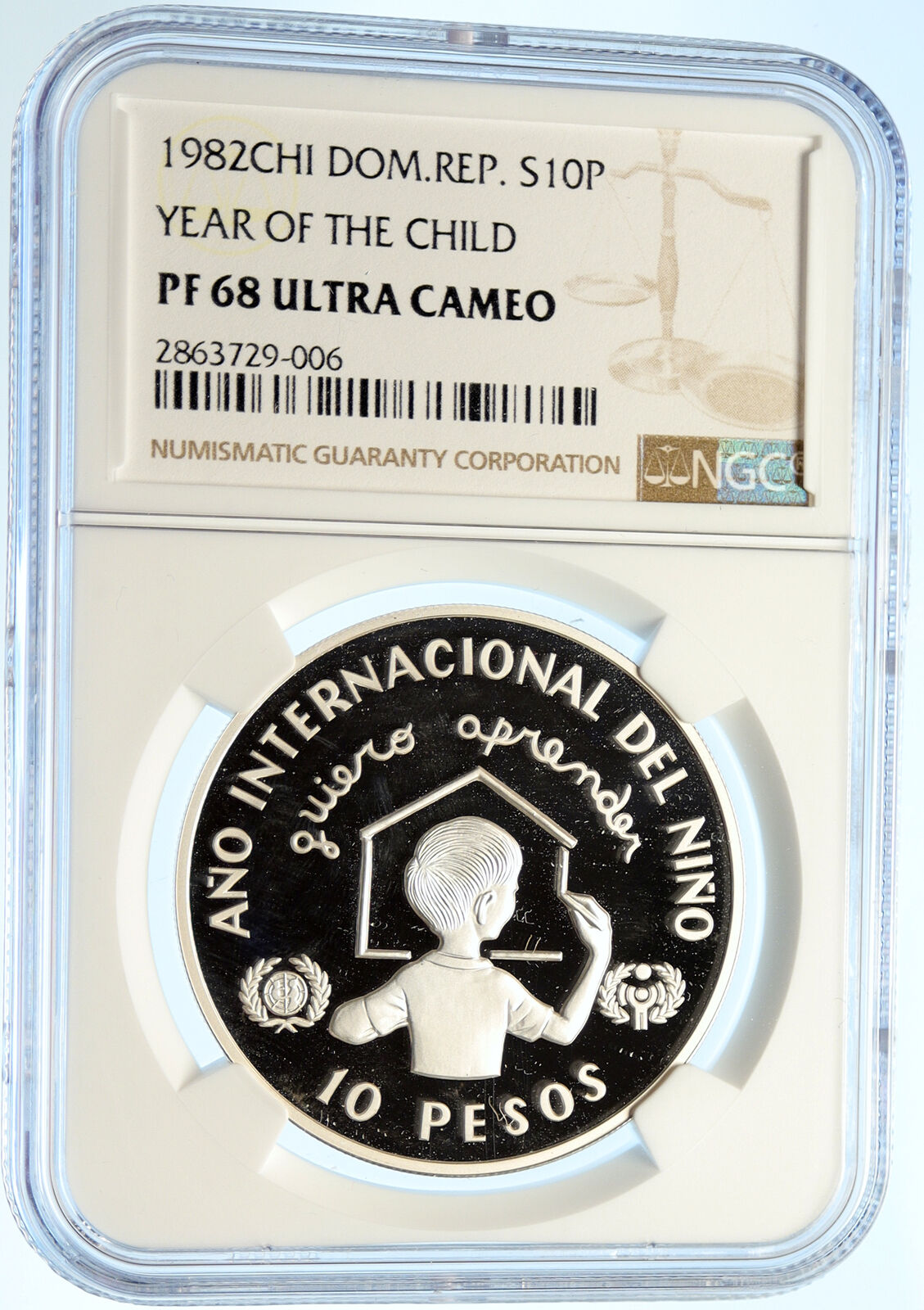 1982 DOMINICAN REPUBLIC Year of the Child Proof Silver 10 Pesos Coin NGC i99385