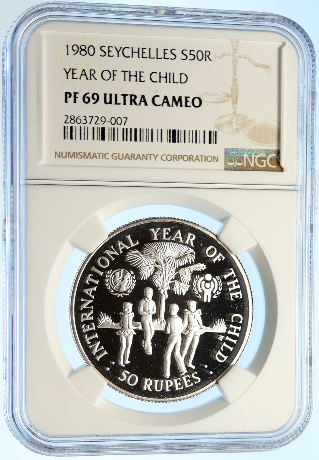 1980 SEYCHELLES UK Year of the CHILD Old Proof Silver 50 Rupees Coin NGC i99386