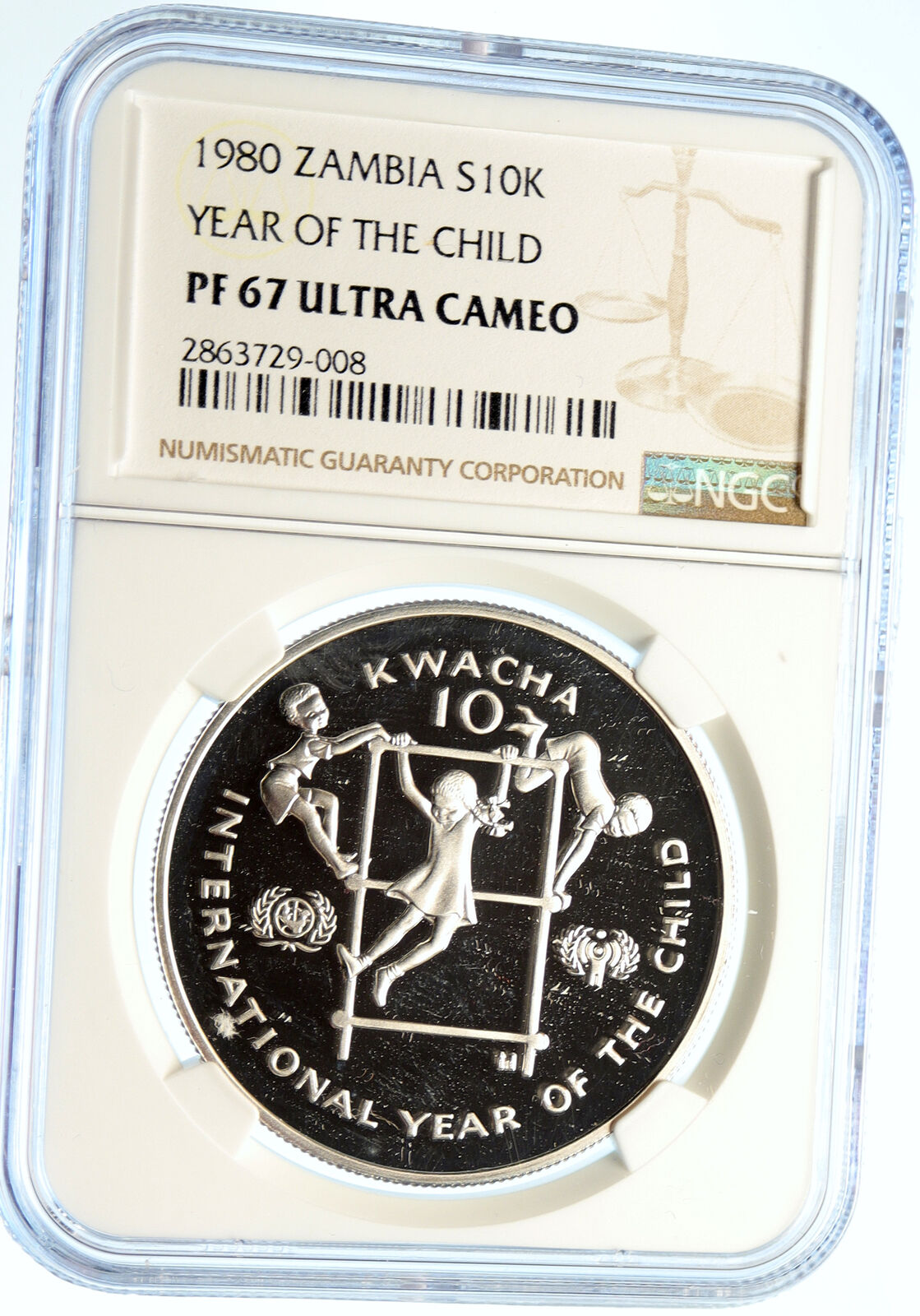 1980 ZAMBIA African Year Children VINTAGE Proof Silver 10 Kwacha Coin NGC i99387