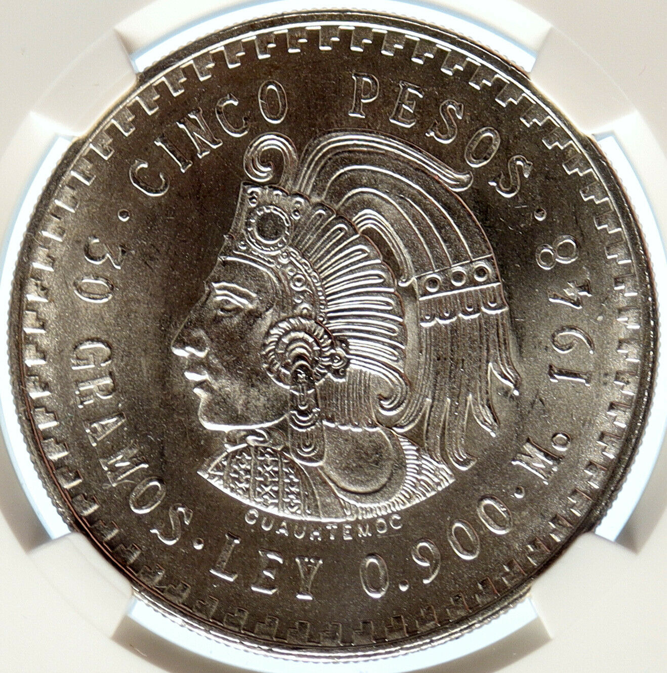 1948 MEXICO Aztec Chieftain CUAUHTEMOC Eagle OLD Silver 5 Peso Coin NGC i99071