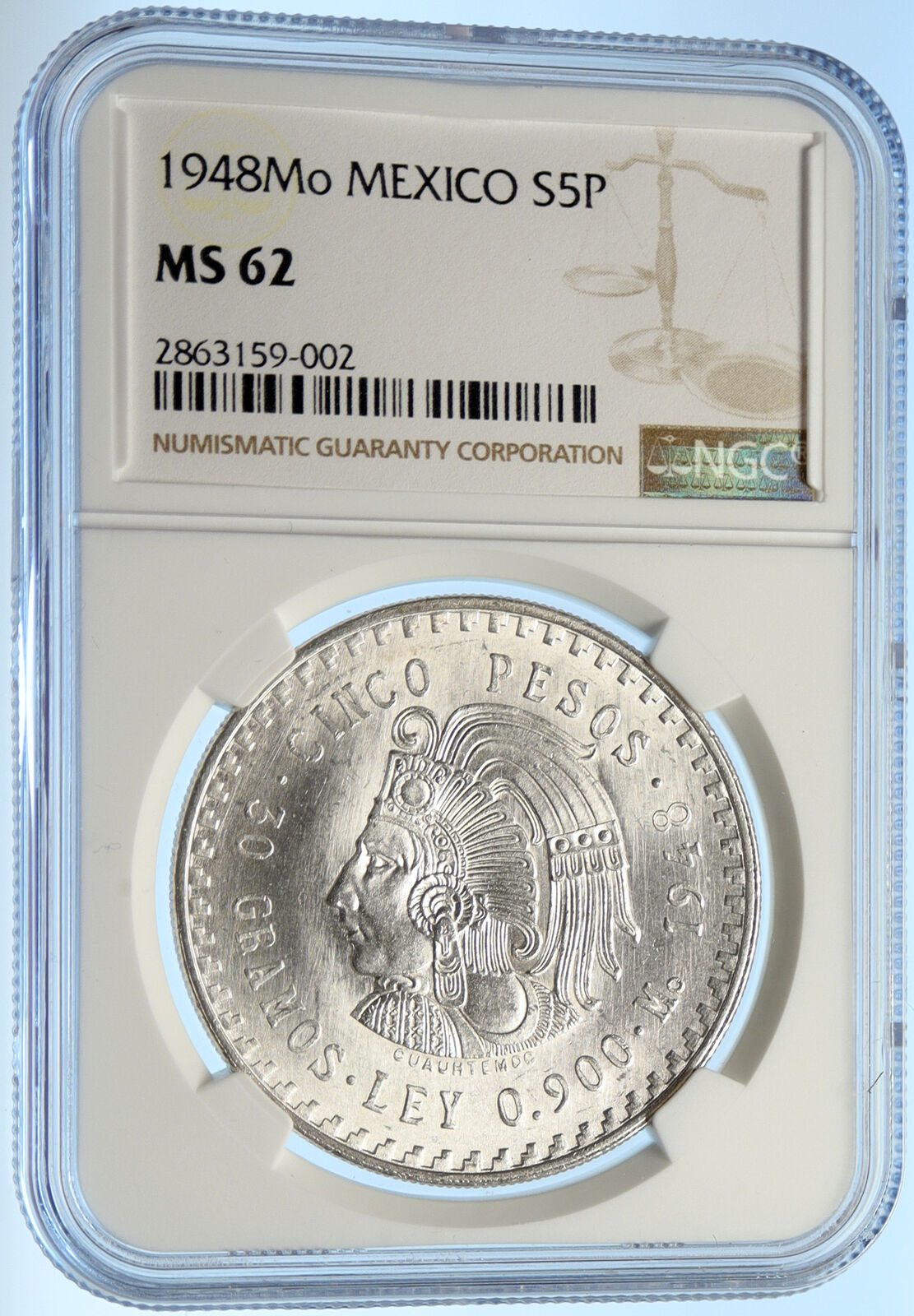 1948 MEXICO Aztec Chieftain CUAUHTEMOC Eagle OLD Silver 5 Peso Coin NGC i99071