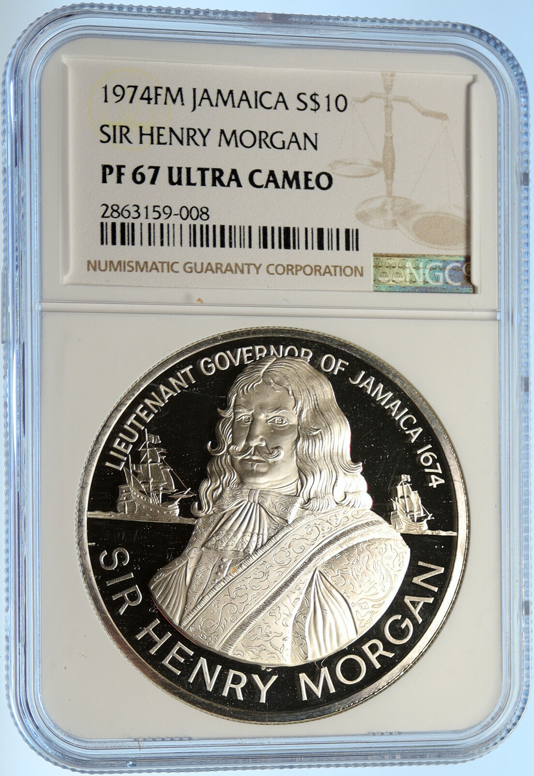 1974 JAMAICA Sir Henry Morgan Royal Lieutenant PROOF SILVER $10 Coin NGC i99077