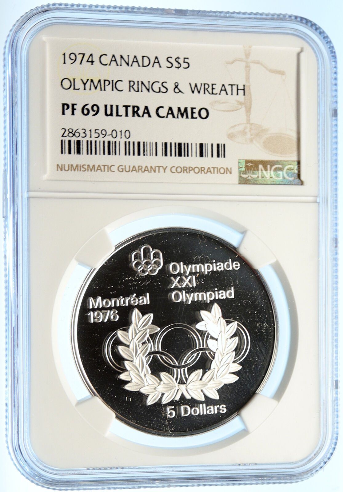 1974 CANADA Elizabeth II Olympics Montreal RINGS Proof Silver $5 Coin NGC i99079