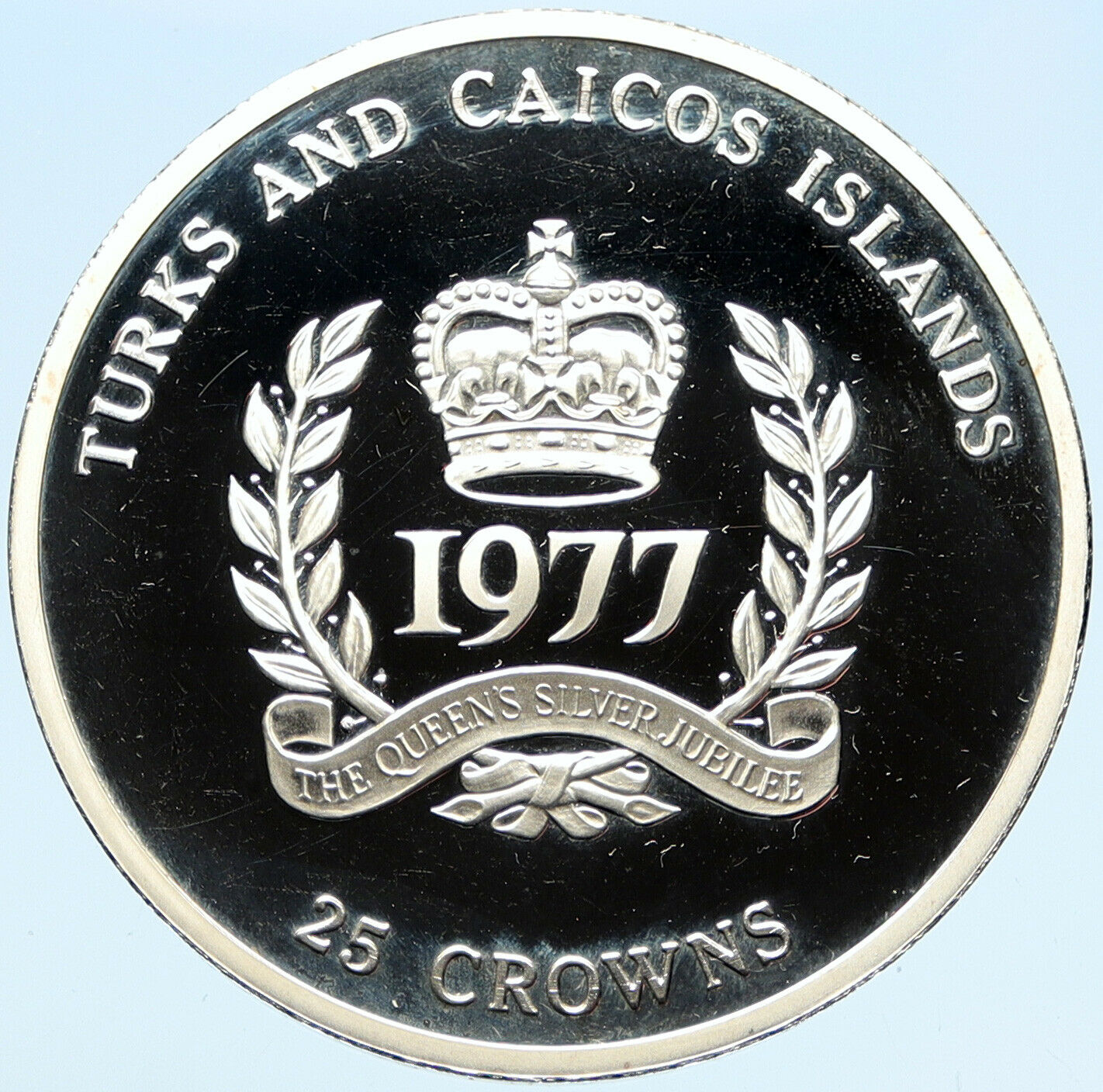 1977 TURKS & CAICOS 25th ACCESSION Jubilee Proof Silver 25 Crowns Coin i98283