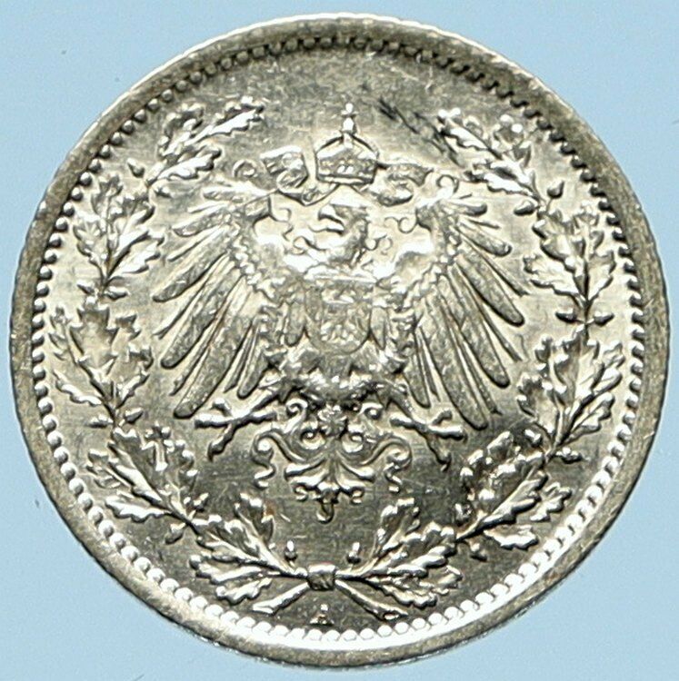 1915 A WILHELM II of GERMANY 1/2 Mark Antique German Silver Coin Eagle i98293