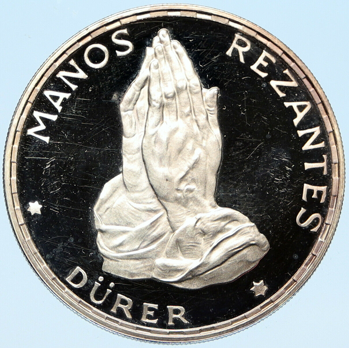 1970 EQUATORIAL GUINEA Dürer's Praying Hands Proof Silver 100 Peseta Coin i98288