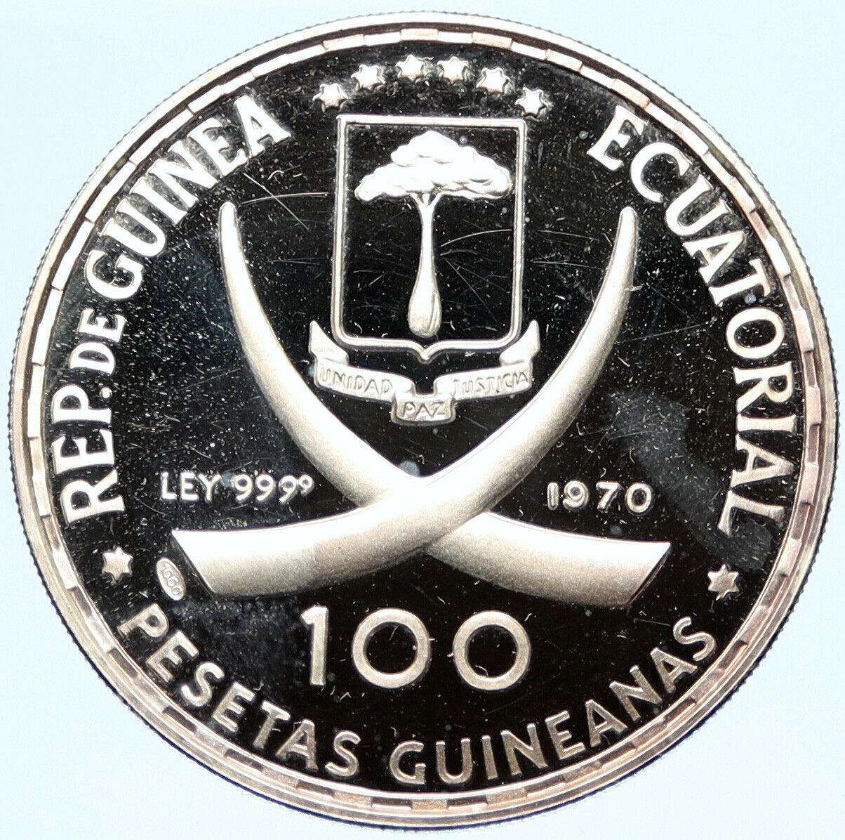 1970 EQUATORIAL GUINEA Dürer's Praying Hands Proof Silver 100 Peseta Coin i98288