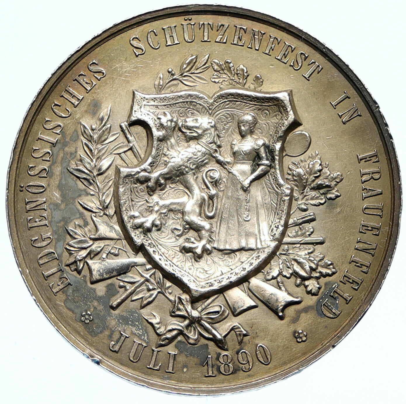 1890 SWITZERLAND Frauenfeld Shooting Festival OLD GUNS Swiss Silver Medal i98302