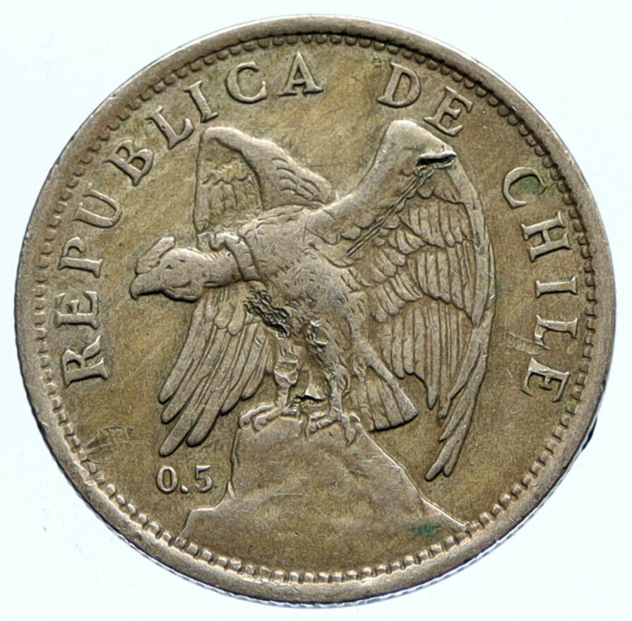 1924 CHILE Condor Bird ANTIQUE OLD Large Silver South American Peso Coin i96744