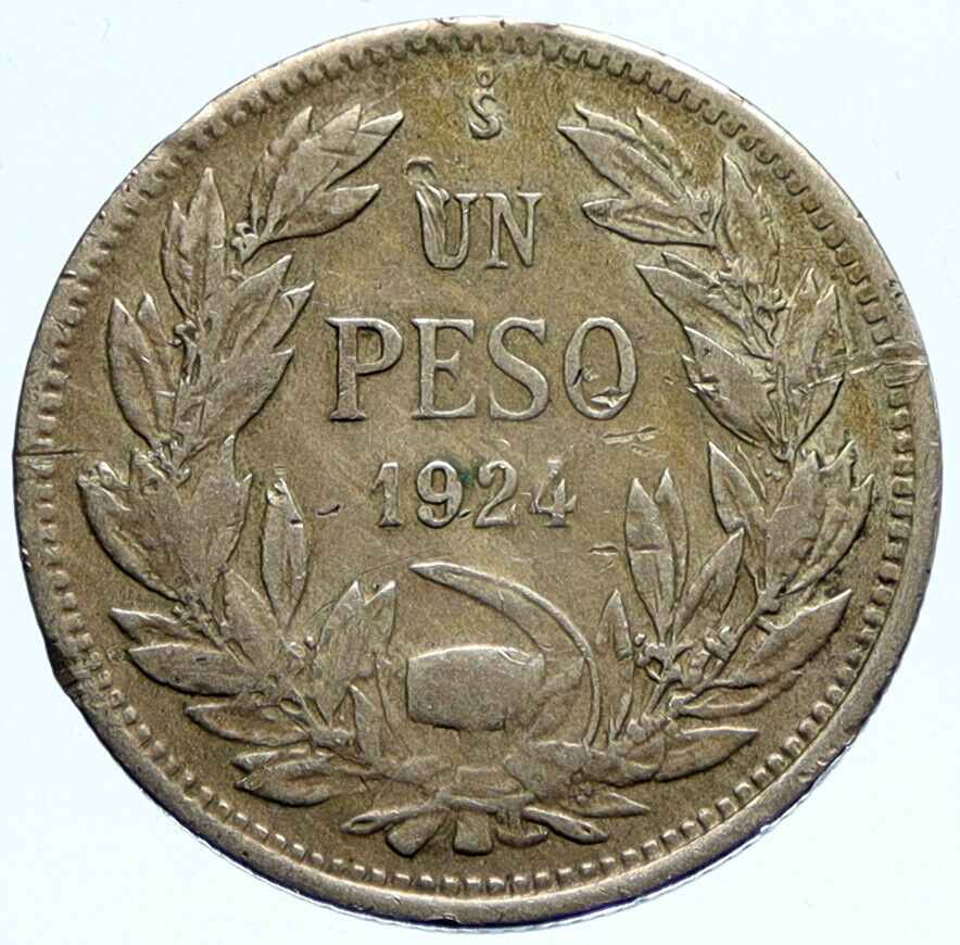 1924 CHILE Condor Bird ANTIQUE OLD Large Silver South American Peso Coin i96744