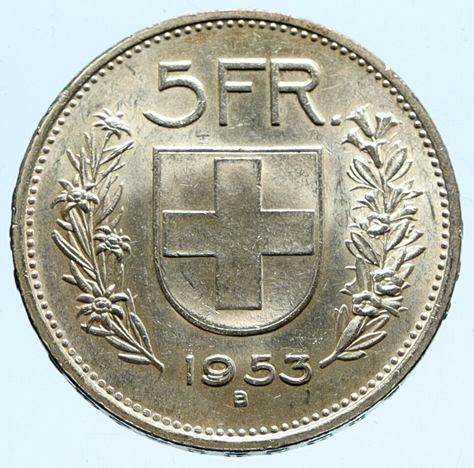 1953 B Switzerland Founding HERO WILLIAM TELL 5 Francs Silver Swiss Coin i96743