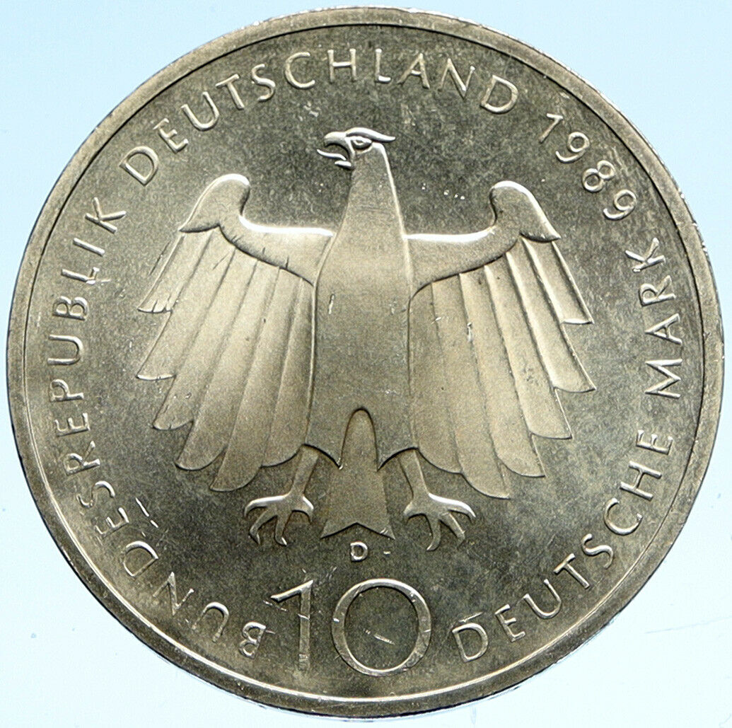 1989 Germany 200 Years CITY OF BONN Vintage Eagle OLD Silver 10 Mark Coin i99333