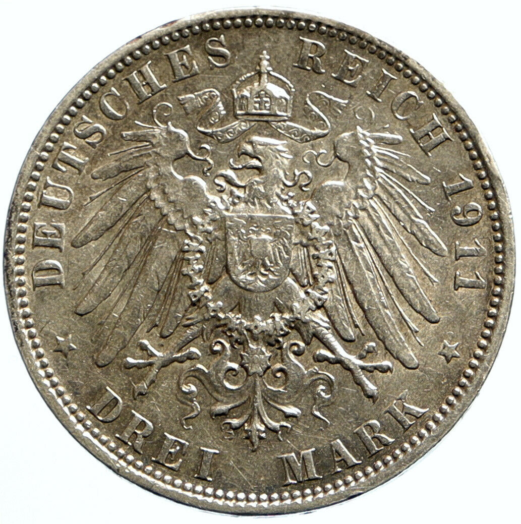 1911 D GERMANY German States BAVARIA King OTTO Silver 3 Mark Coin w EAGLE i99442