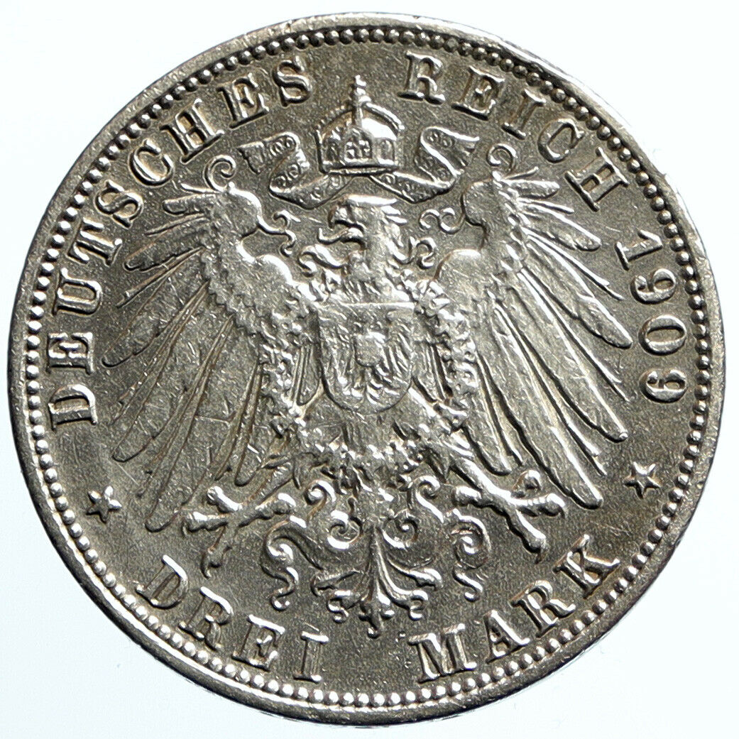 1909 A PRUSSIA KINGDOM Germany WILHELM II OLD Silver 3 Mark German Coin i99443