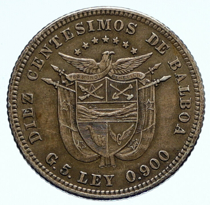 1904 PANAMA CONQUISTADOR BALBOA Antique Genuine Silver 10 Centesimos Coin i96440