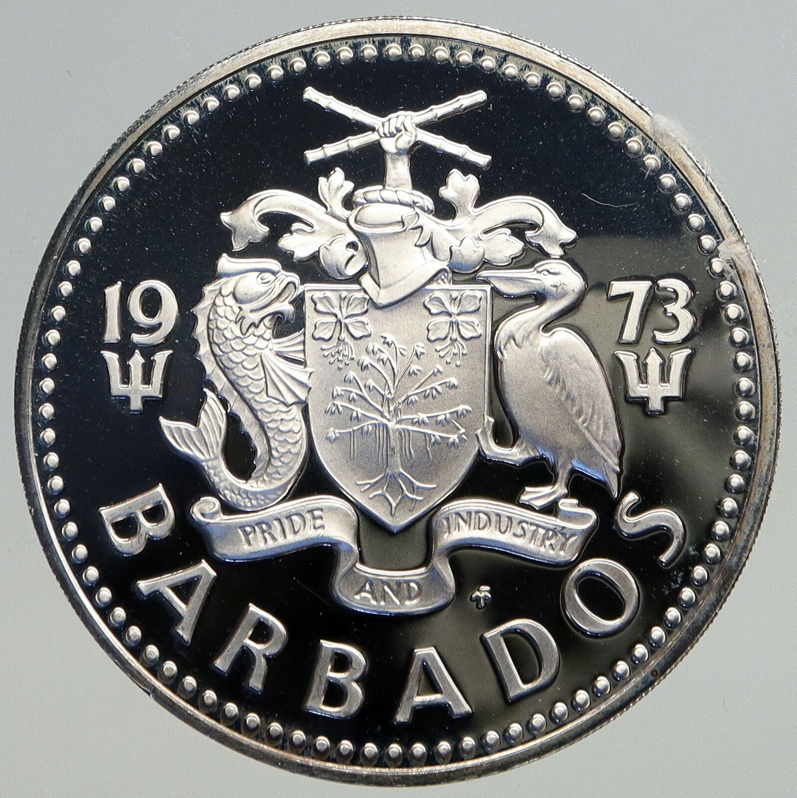 1973 BARBADOS Trafalgar Fountain Arms VINTAGE PROOF Silver 5 Dollars Coin i93803