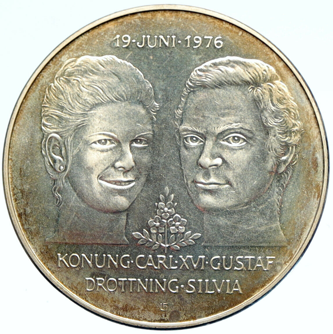 1976 SWEDEN King GUSTAF V Queen Silvia ROYAL WEDDING Silver 50 Kronr Coin i99284