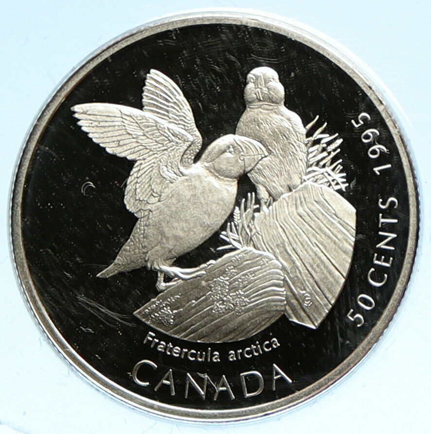 1995 CANADA UK Queen Elizabeth II PUFFIN BIRDS PROOF SILVER 50 Cents Coin i99285