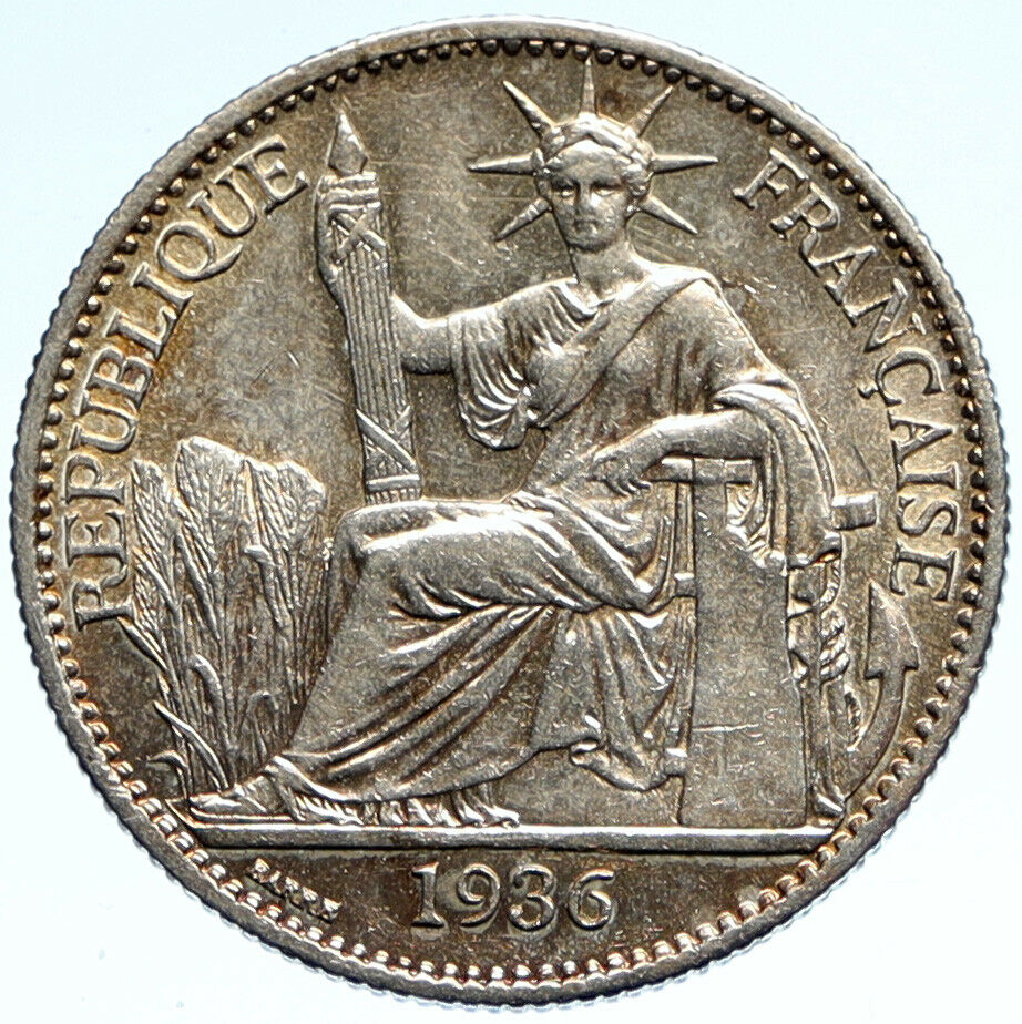 1936 FRENCH INDO-CHINA Liberty OLD France Republic Silver 50 Cent Coin i99281