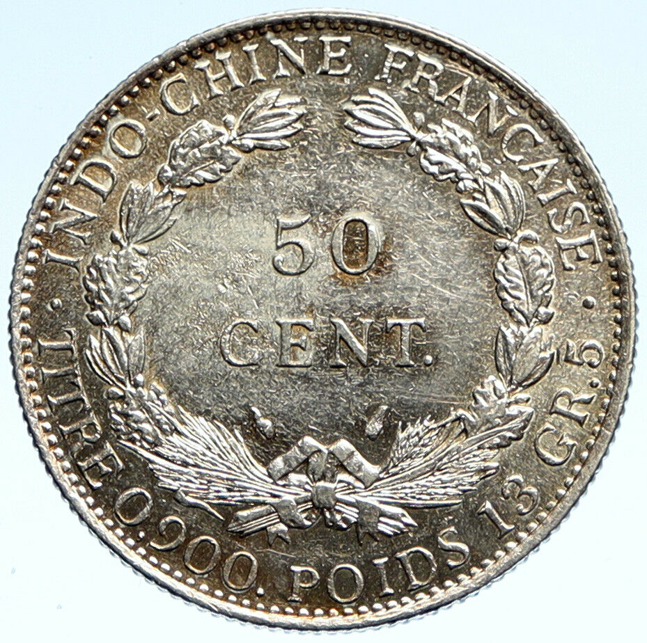 1936 FRENCH INDO-CHINA Liberty OLD France Republic Silver 50 Cent Coin i99281