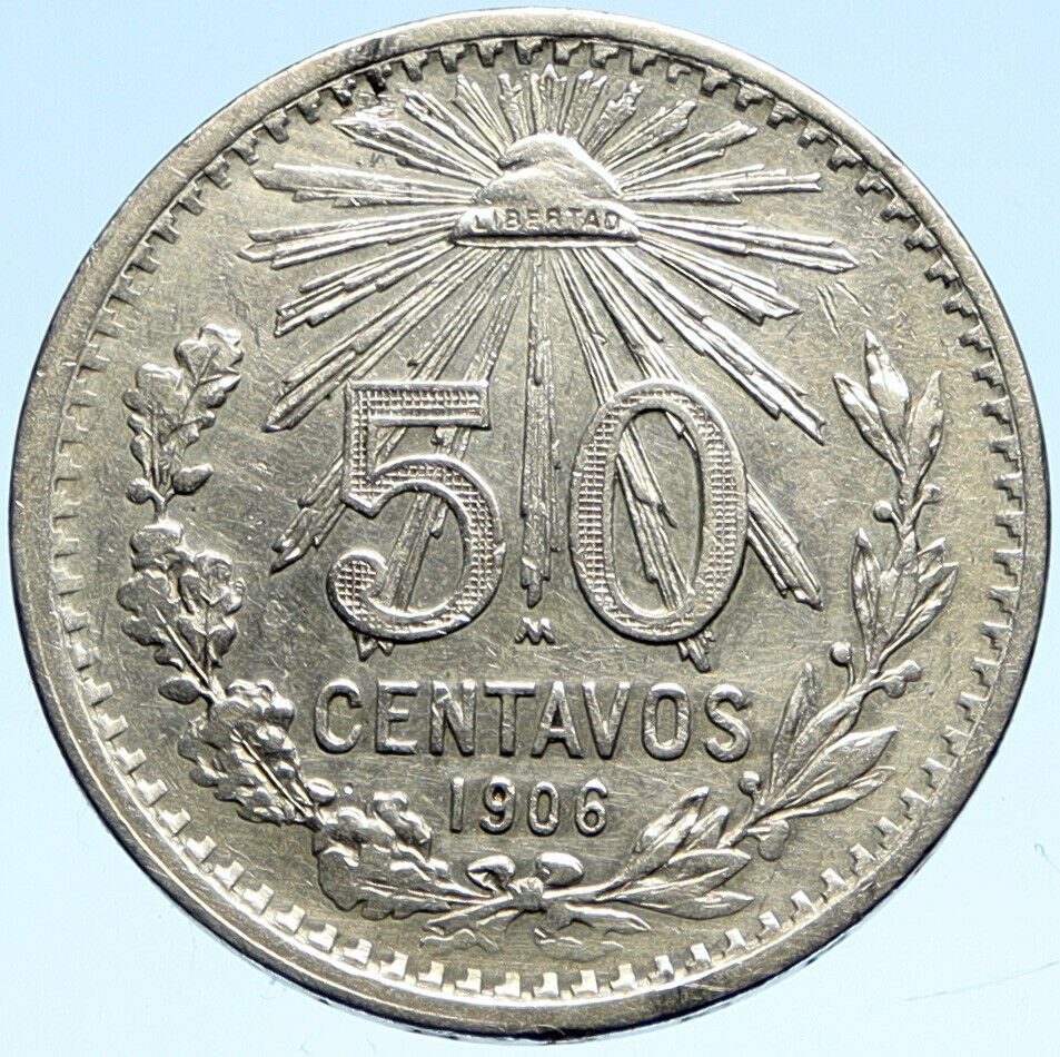 1906 MEXICO City EAGLE RADIANT CAP Old Silver 50 Centavos Mexican Coin i99324