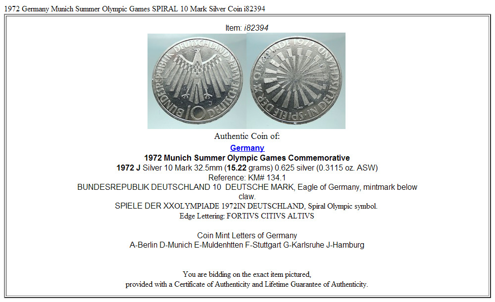 1972 Germany Munich Summer Olympic Games SPIRAL 10 Mark Silver Coin i82394