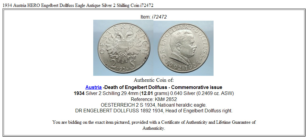 1934 Austria HERO Engelbert Dollfuss Eagle Antique Silver 2 Shilling Coin i72472