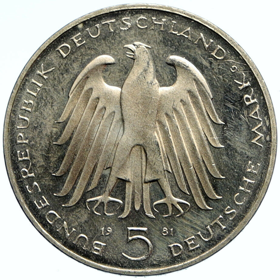 1981 GERMANY Carl Reichsfreiherr vom Stein VINTAGE OLD 5 Mark German Coin i99267