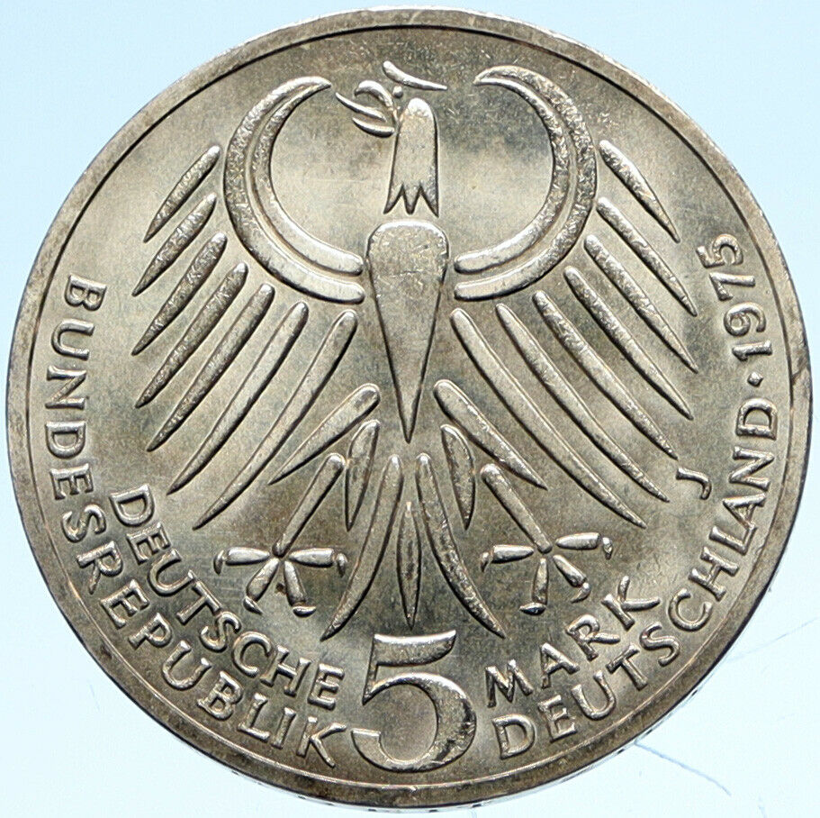 1975 J GERMANY Politician Friedrich Ebert Antique OLD Silver 5 Mark Coin i99310