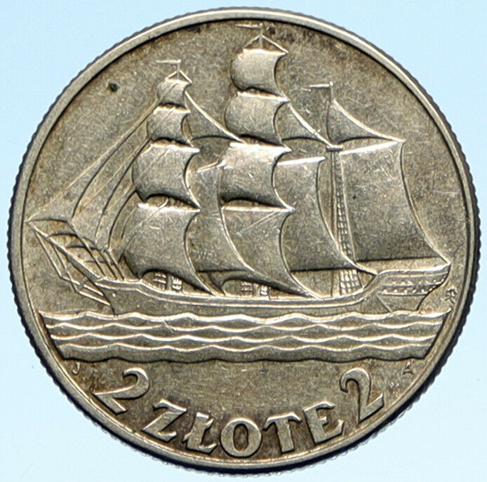 1936 POLAND Eagle SHIP SAILING Gdynia Seaport OLD Silver 2 Zlotych Coin i99316