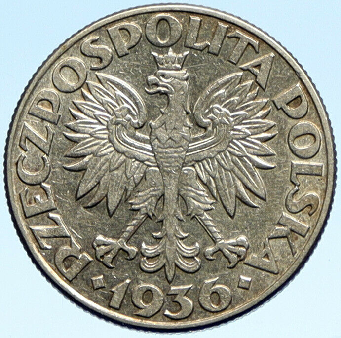 1936 POLAND Eagle SHIP SAILING Gdynia Seaport OLD Silver 2 Zlotych Coin i99316