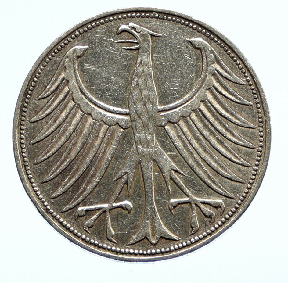 1951 F GERMANY Vintage Winged Eagle OLD German Large 5 Mark Silver Coin i96448