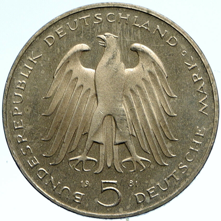 1981 GERMANY Carl Reichsfreiherr vom Stein VINTAGE OLD 5 Mark German Coin i99257