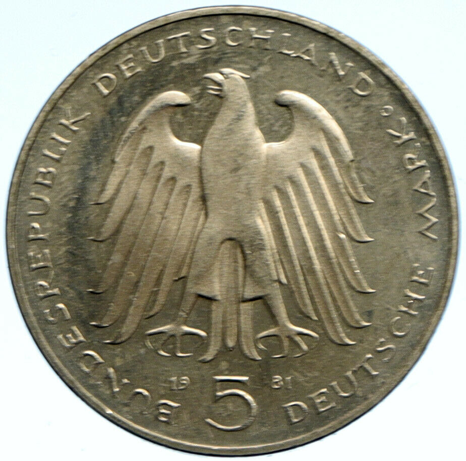 1981 GERMANY Carl Reichsfreiherr vom Stein VINTAGE OLD 5 Mark German Coin i99256