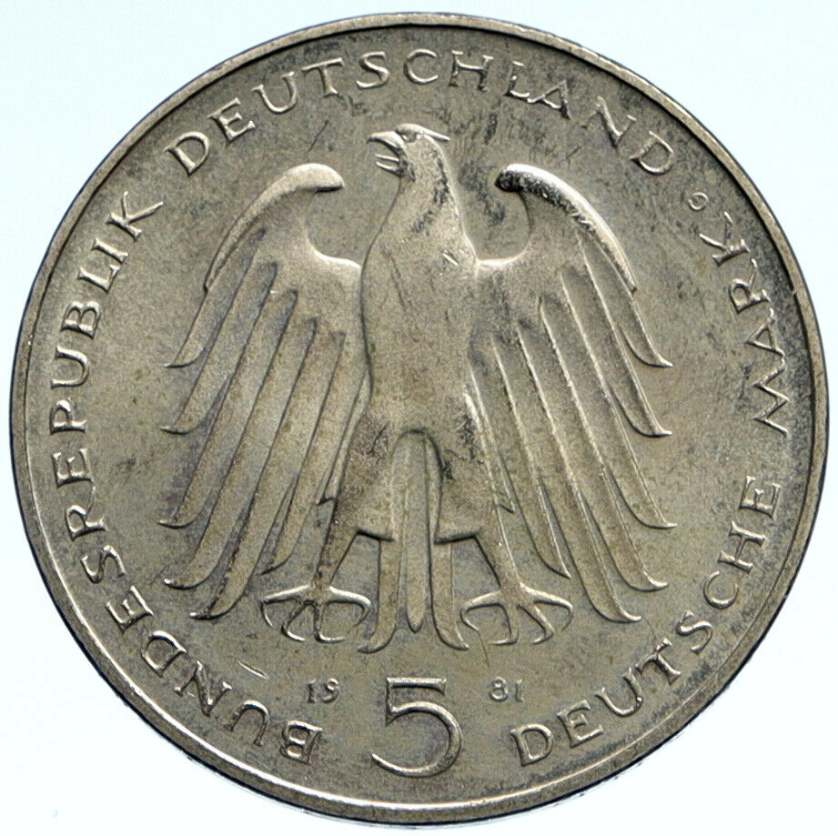 1981 GERMANY Carl Reichsfreiherr vom Stein VINTAGE OLD 5 Mark German Coin i99254