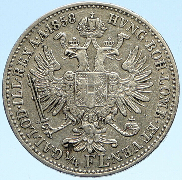 1858 A AUSTRIA KING FRANZ JOSEPH I Eagle VINTAGE Austrian 1/4 Florin Coin i99328