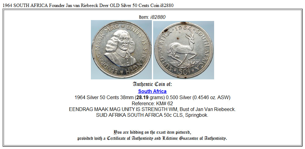 1964 SOUTH AFRICA Founder Jan van Riebeeck Deer OLD Silver 50 Cents Coin i82880