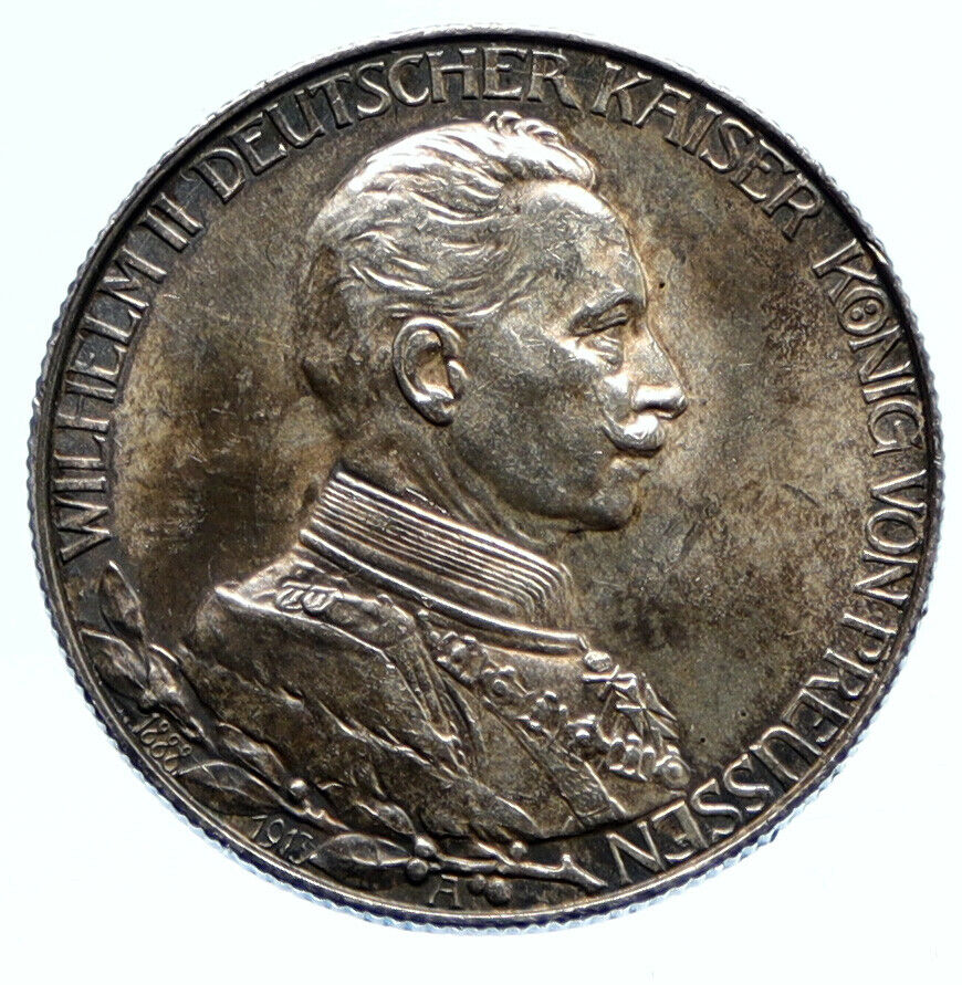 1913 PRUSSIA KINGDOM Germany WILHELM II Antique Silver 2 Mark German Coin i96275