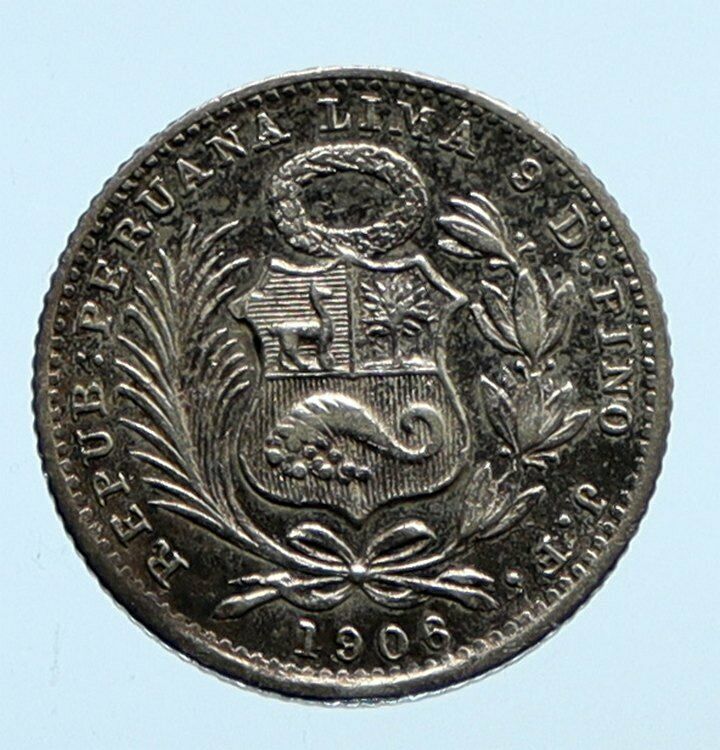 1906JF PERU South America VINTAGE ANTIQUE OLD Liberty Silver Dinero Coin i96452