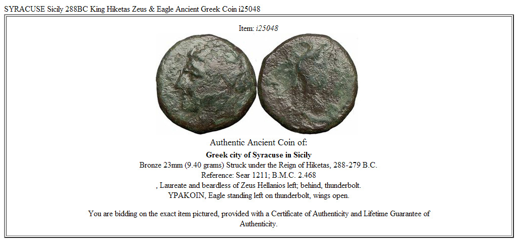 SYRACUSE Sicily 288BC King Hiketas Zeus & Eagle Ancient Greek Coin i25048