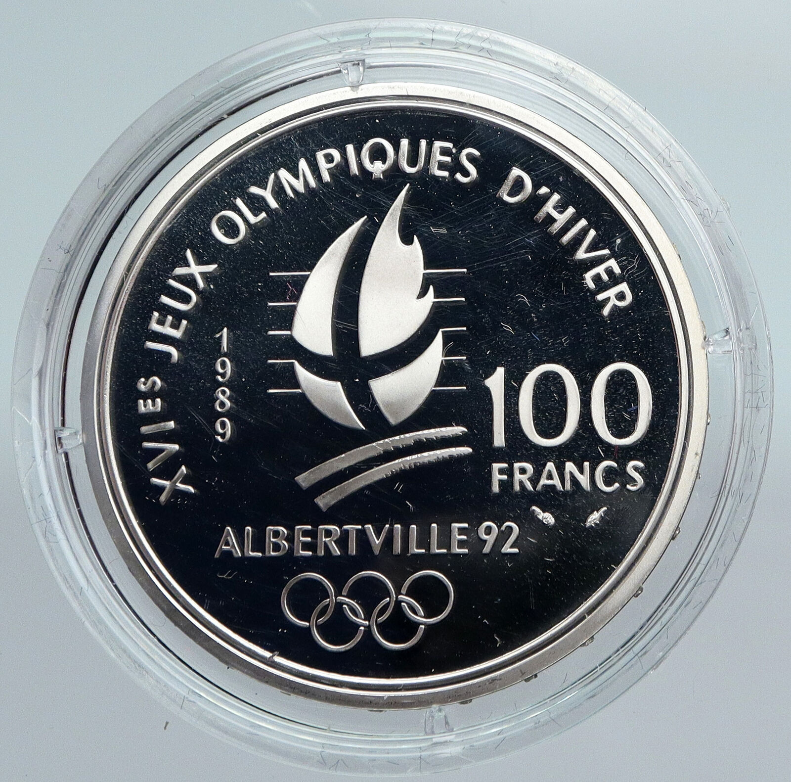 1989 FRANCE Figure Skating 1992 Olympics OLD Proof Silver 100 Francs Coin i89941