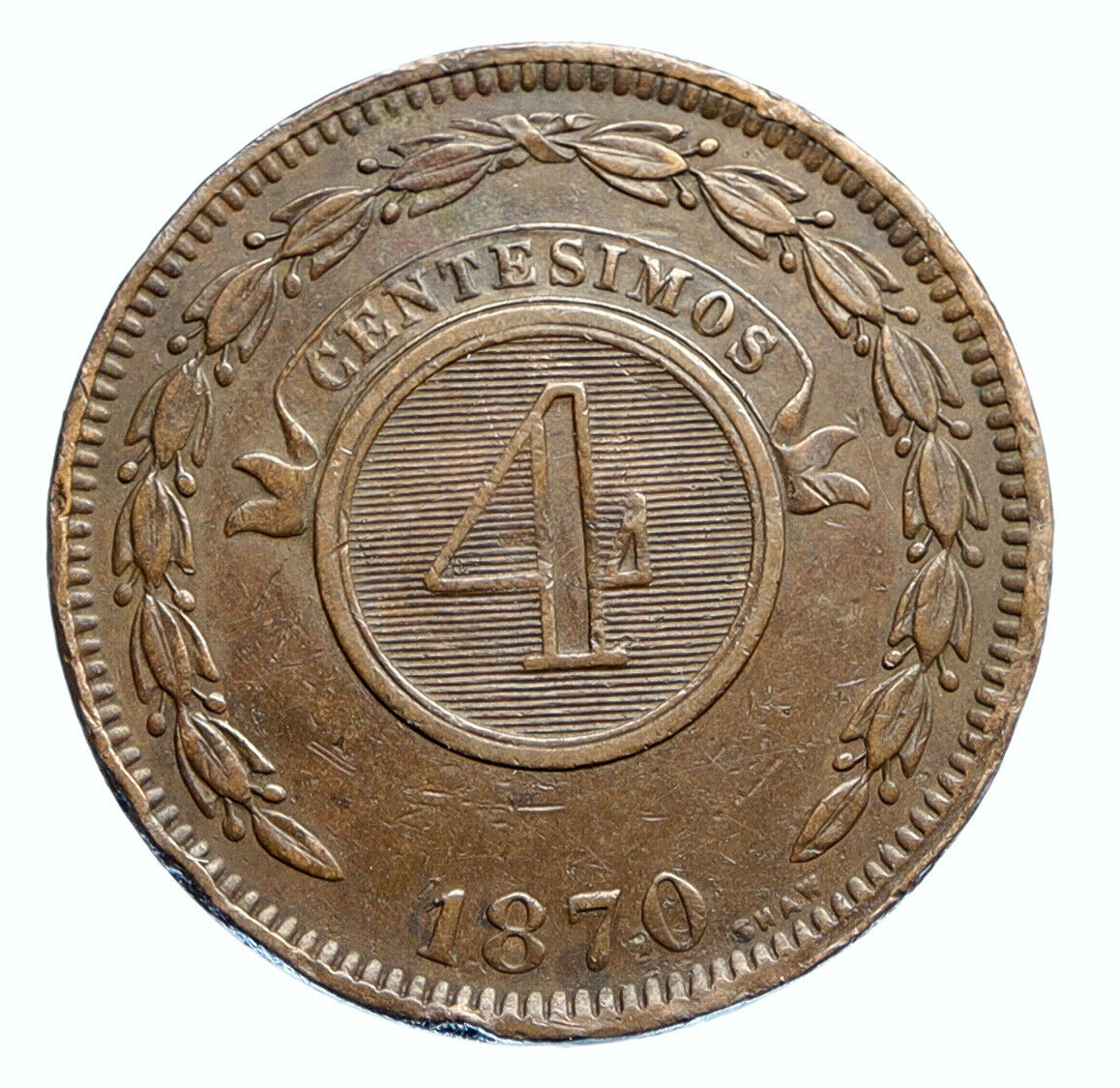 1870 PARAGUAY Genuine OLD STAR Antique Old VINTAGE 4 Centesimos Coin i96277