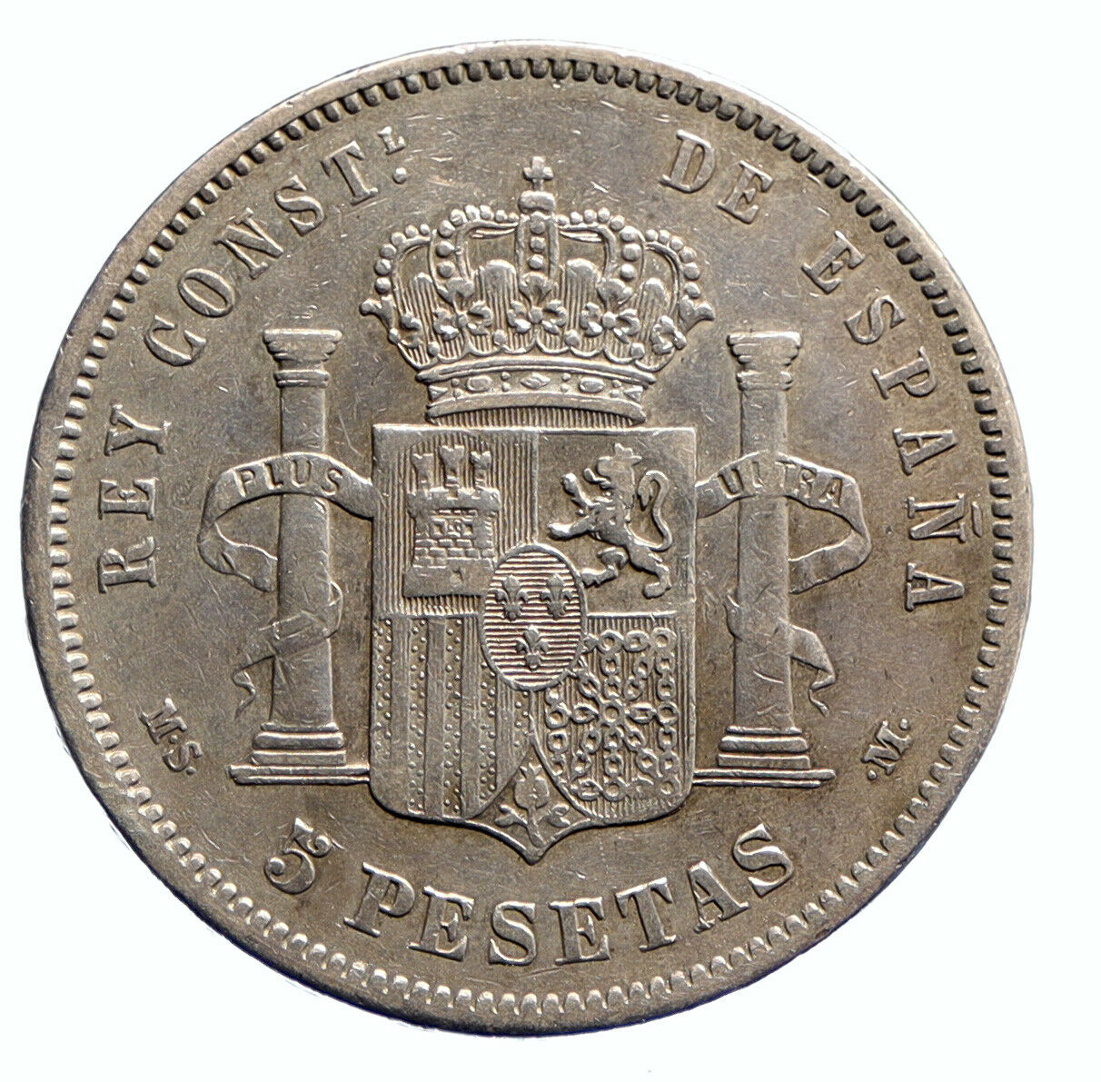 1882 SPAIN w King ALFONSO XII Antique OLD Silver 5 Pesetas SPANISH Coin i96263