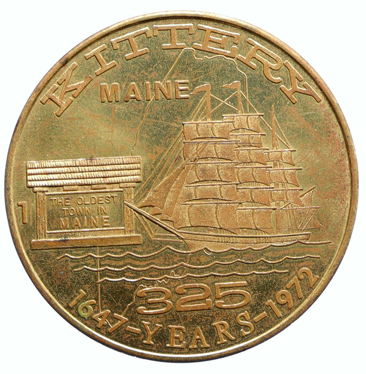 1647-1972 USA 325 Years KITTERY MAINE Boat in Port Vintage OLD Medal i96264