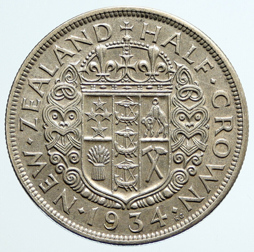 1934 NEW ZEALAND under UK King George V OLD Silver 1/2 Crown Coin Shield i96667