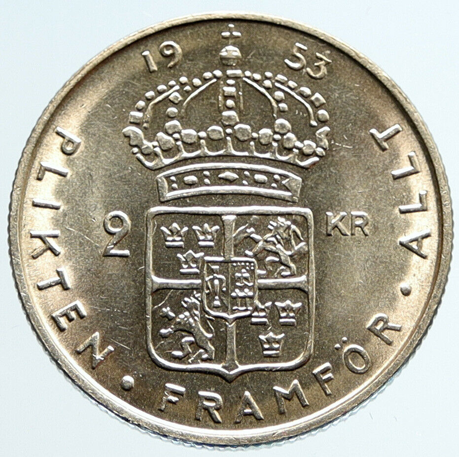 1953 SWEDEN King GUSTAV VI ADOLF 2 Kronor LARGE OLD Silver SWEDISH Coin i96665