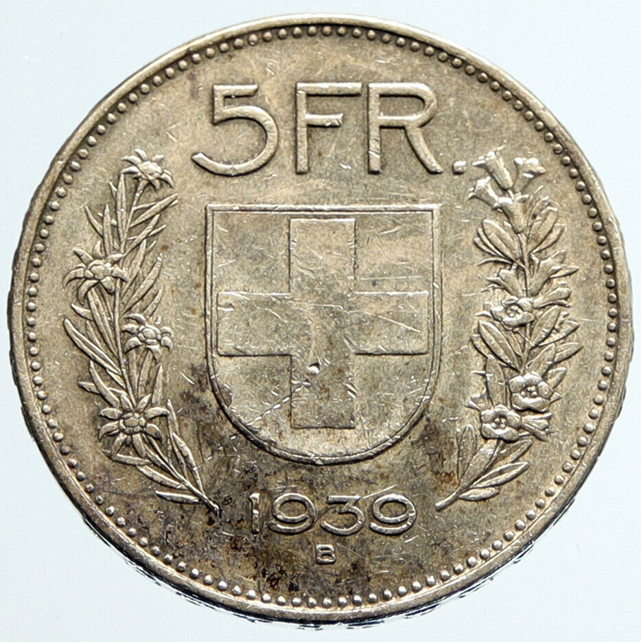 1939 B Switzerland Founding HERO WILLIAM TELL 5 Francs Silver Swiss Coin i96671