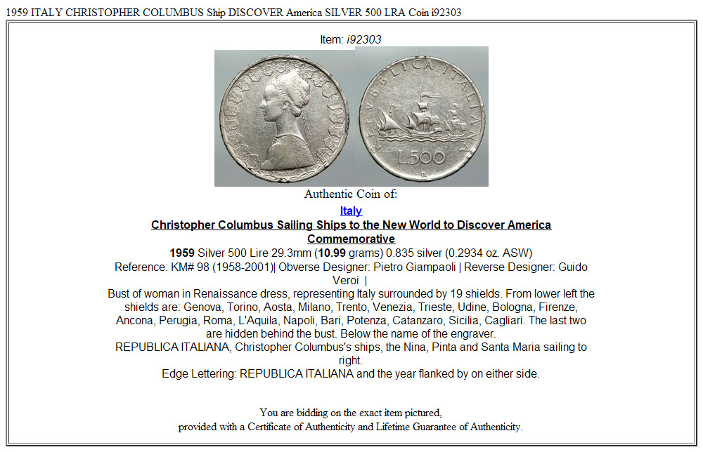 1959 ITALY CHRISTOPHER COLUMBUS Ship DISCOVER America SILVER 500 LRA Coin i92303